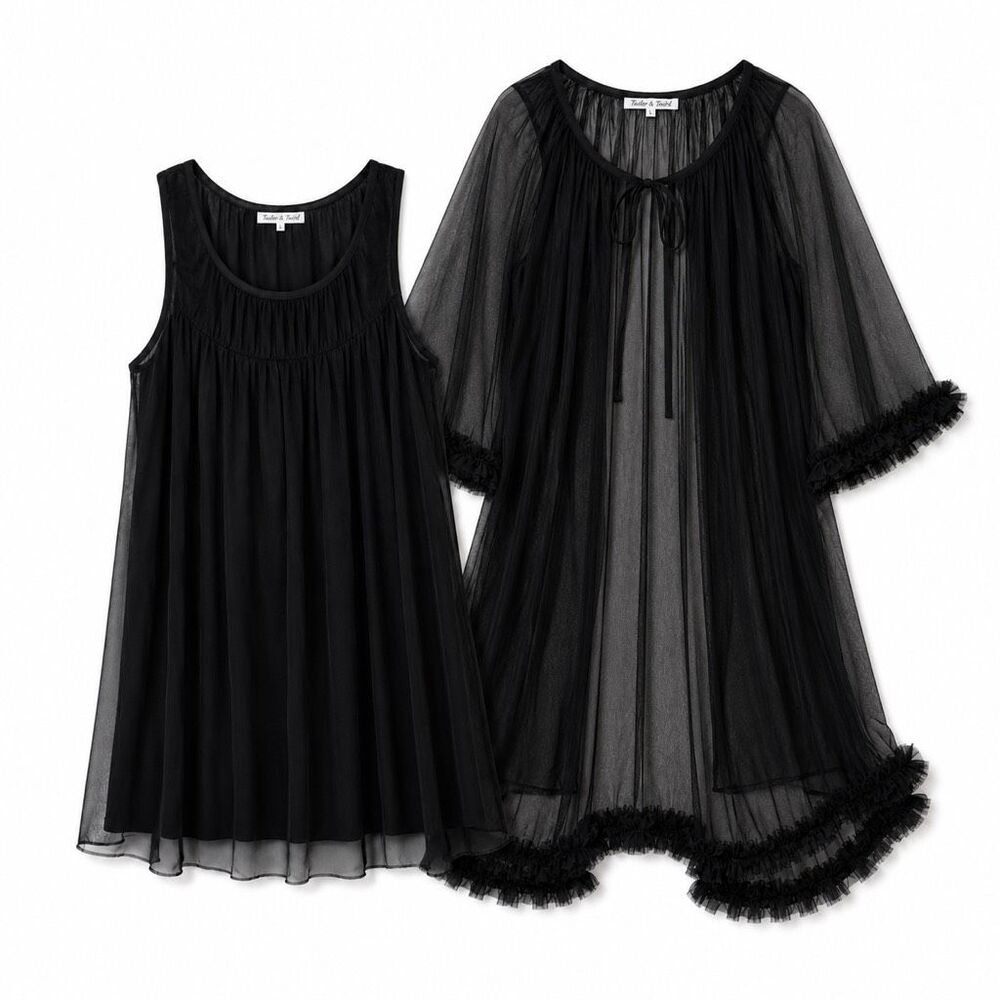 Tailor & Twirl Sheer Babydoll Robe Set Black Mesh Romantic Goth L